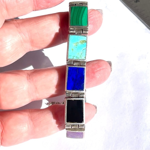Vintage Taxco Sterling Silver Multiple Gemstone Rect. Panel Bracelet Reversible - Picture 9 of 17